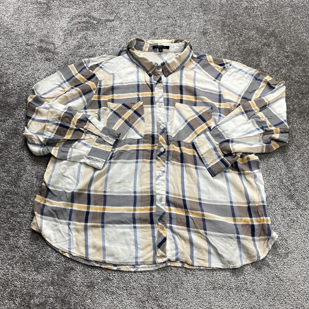 Miss Lili Button Up Blouse Shirt Womens Plus 3X White Yellow Long Sleeve Pockets